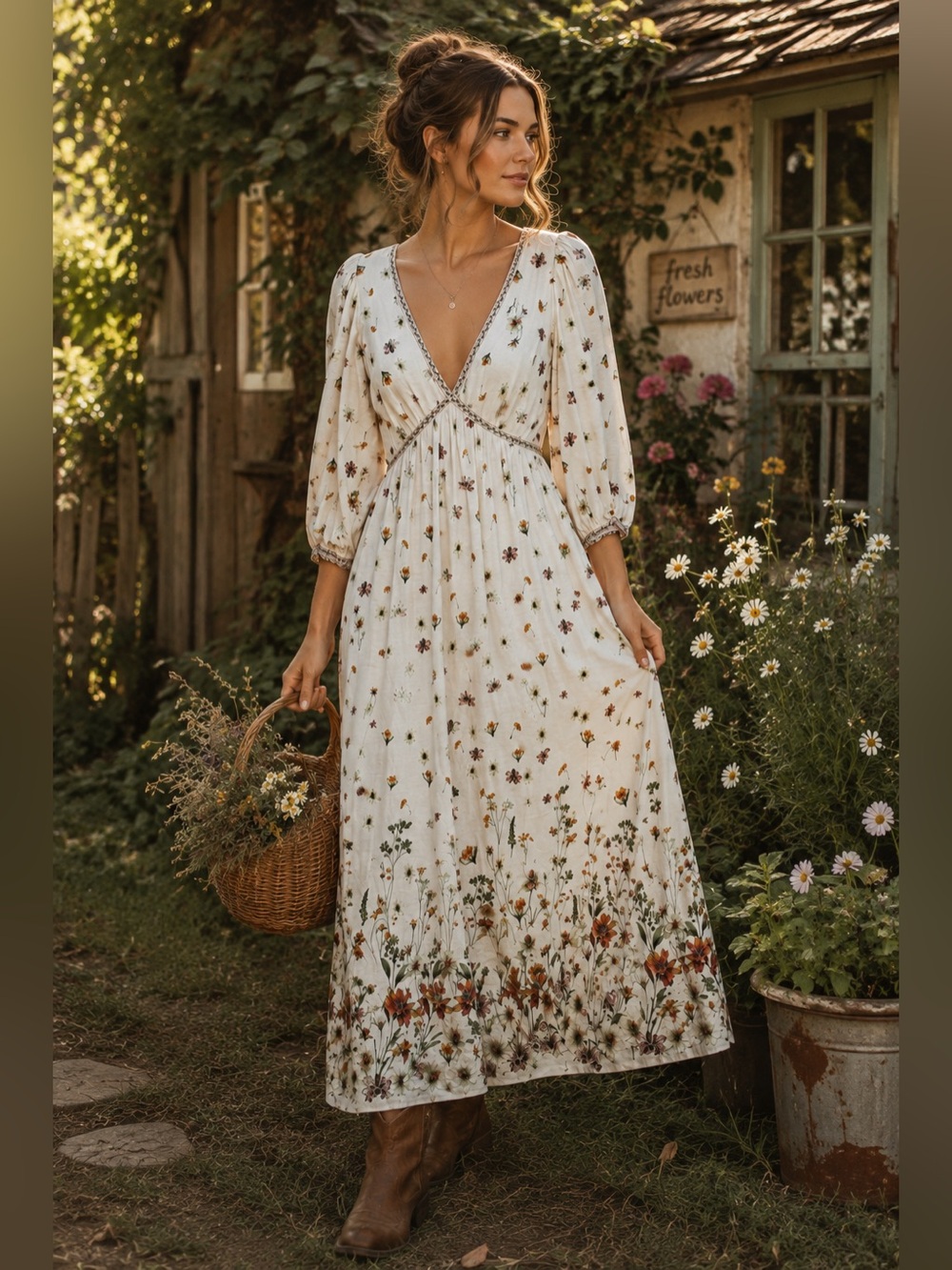 Max Studio London Floral Prairie Maxi Dress Large Linen Rayon Cottagecore NWOT